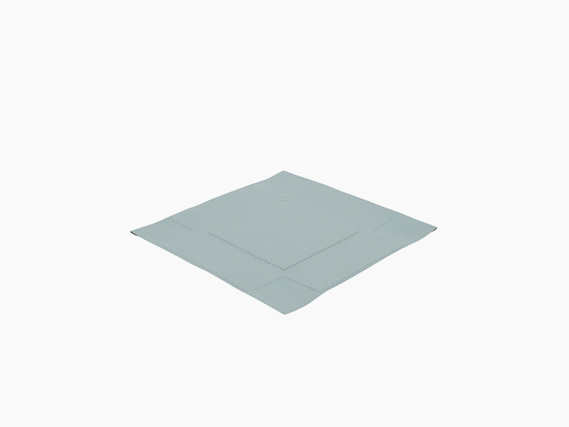 Teal leather wrapped square valet tray with curved corners and visible stitching