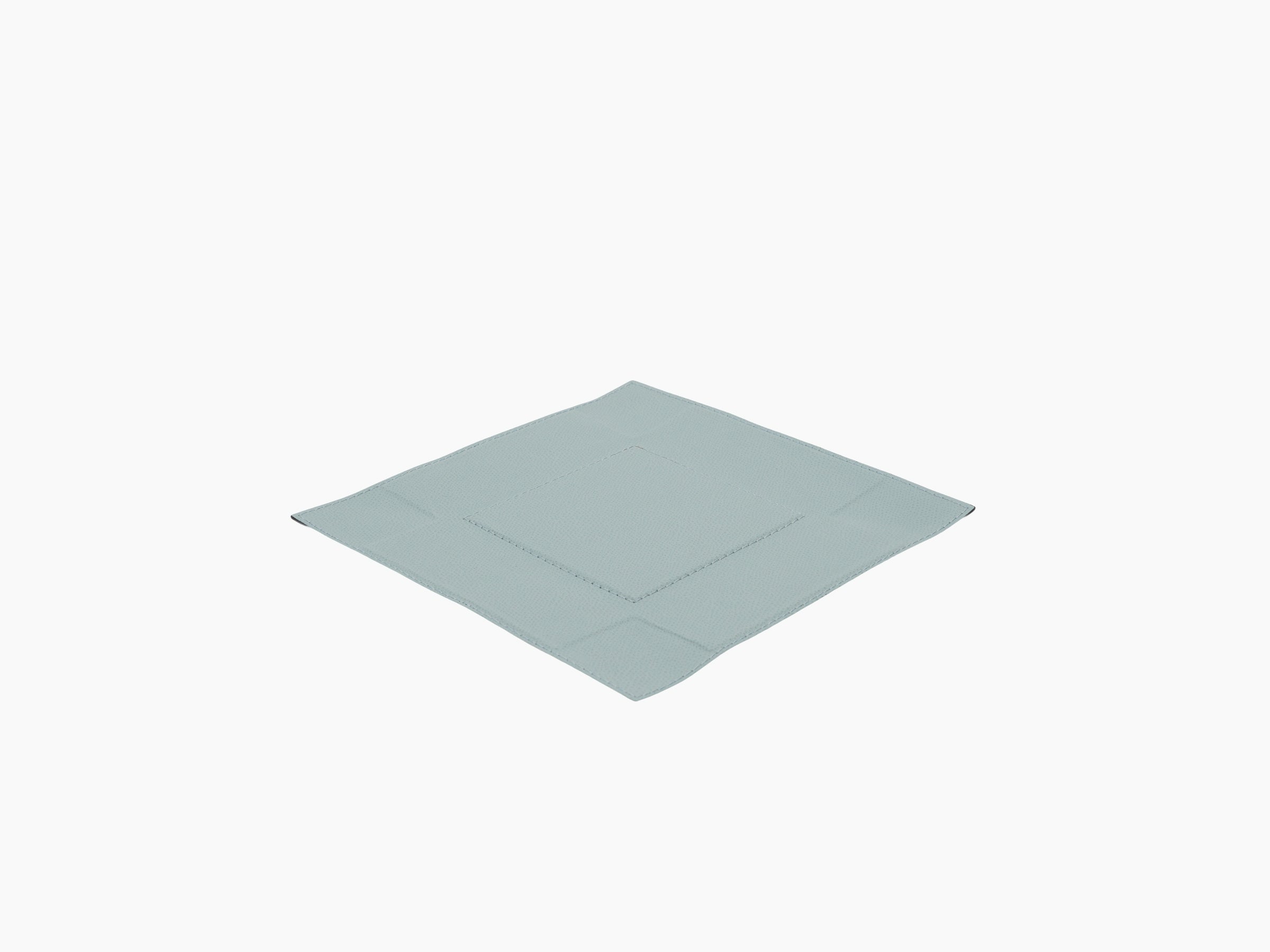 Teal leather wrapped square valet tray with curved corners and visible stitching