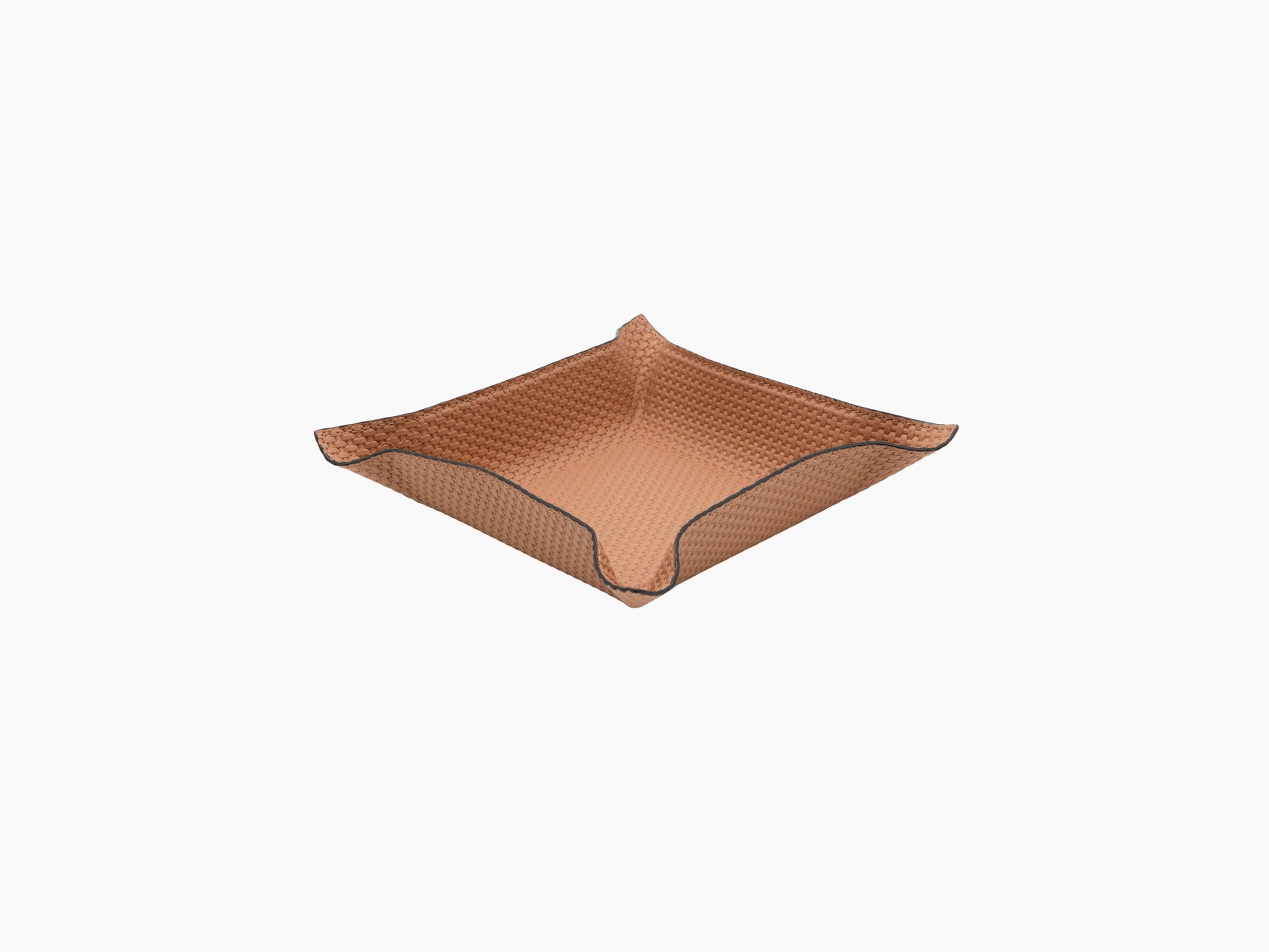 Tan woven leather valet tray with flared corners and dark piping along edges.