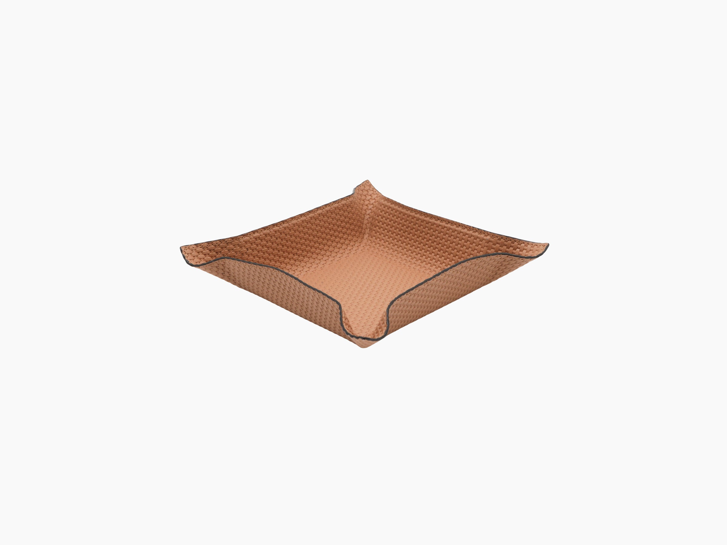 Tan woven leather valet tray with flared corners and dark piping along edges.
