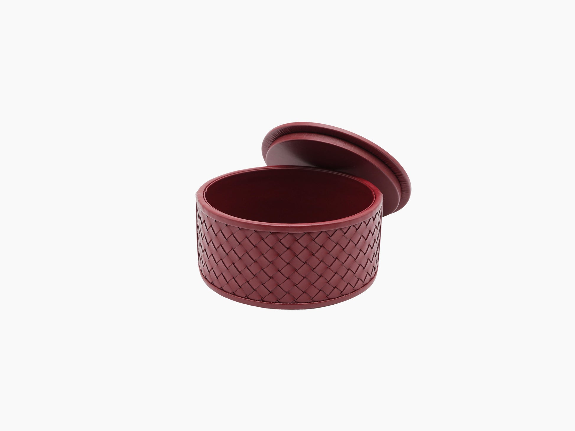 Jana round burgundy handwoven leather box open with lid removed showing interior