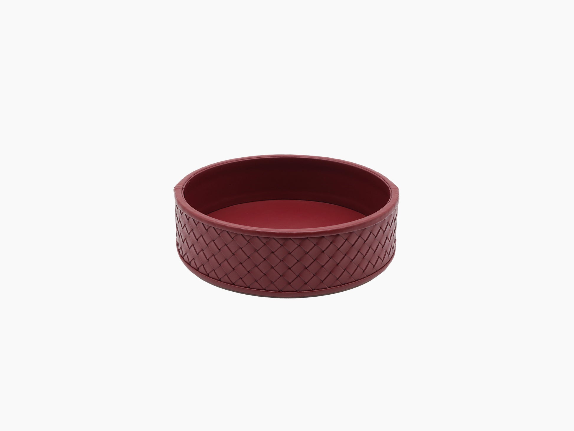 Round burgundy Jana handwoven leather box with diamond quilt pattern and red interior