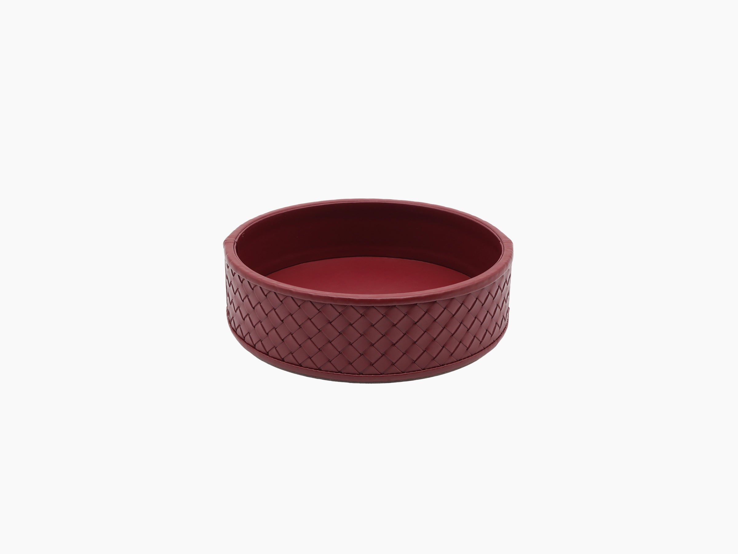 Round burgundy Jana handwoven leather box with diamond quilt pattern and red interior
