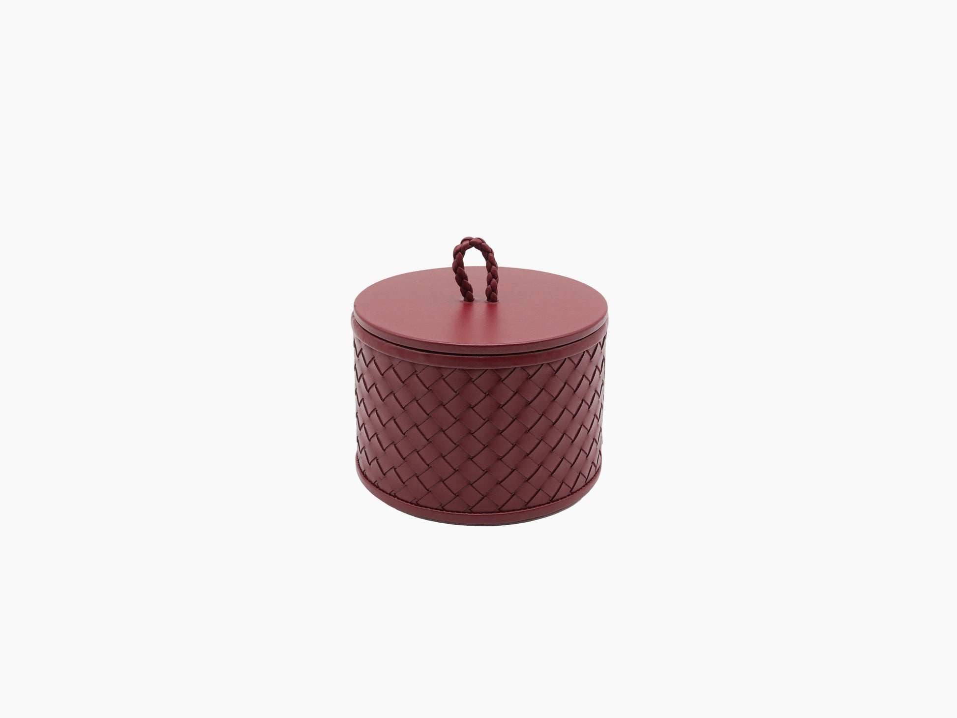 Closed Jana Handwoven Round Box in burgundy with braided loop lid handle