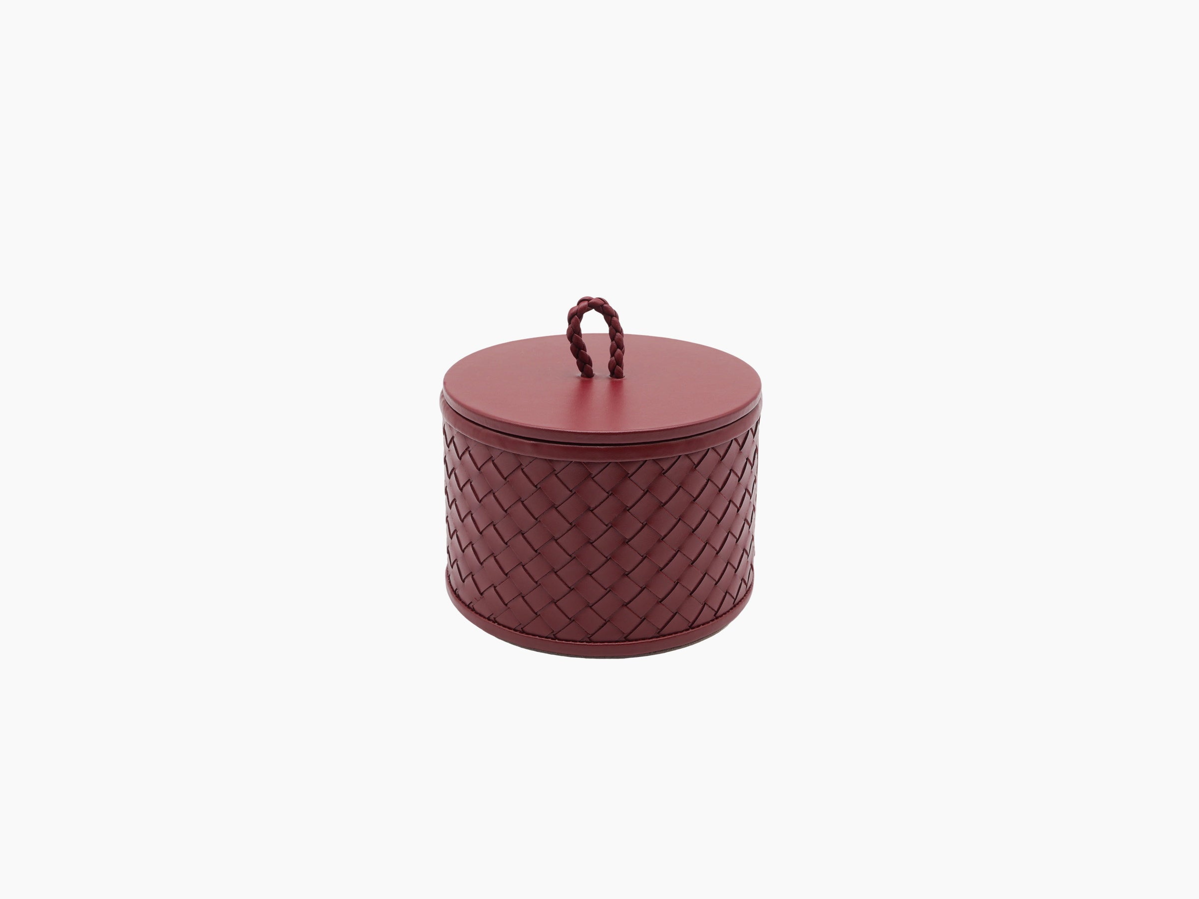 Closed Jana Handwoven Round Box in burgundy with braided loop lid handle