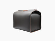 Jota rectangular storage basket in dark saddle leather with rosewood handles for stylish home organization
