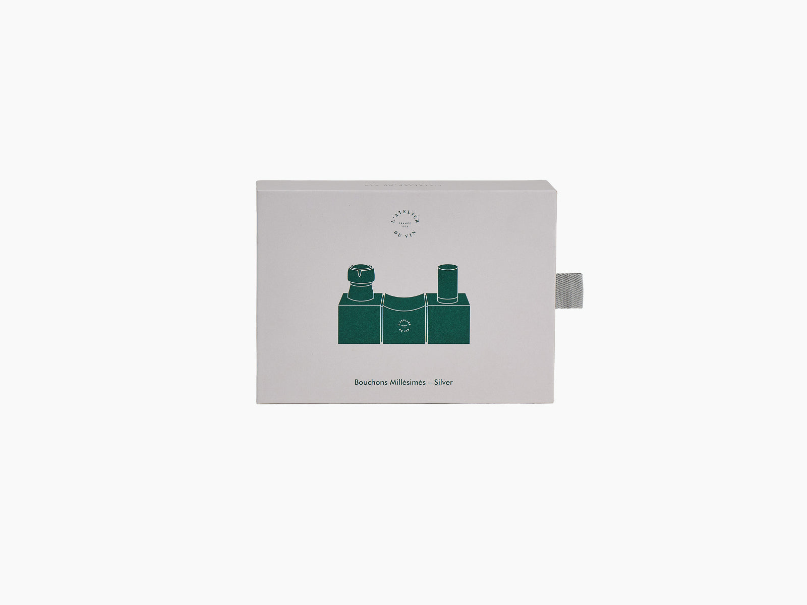 Bouchons Millésimés Silver packaging box with green illustration and fabric pull tab