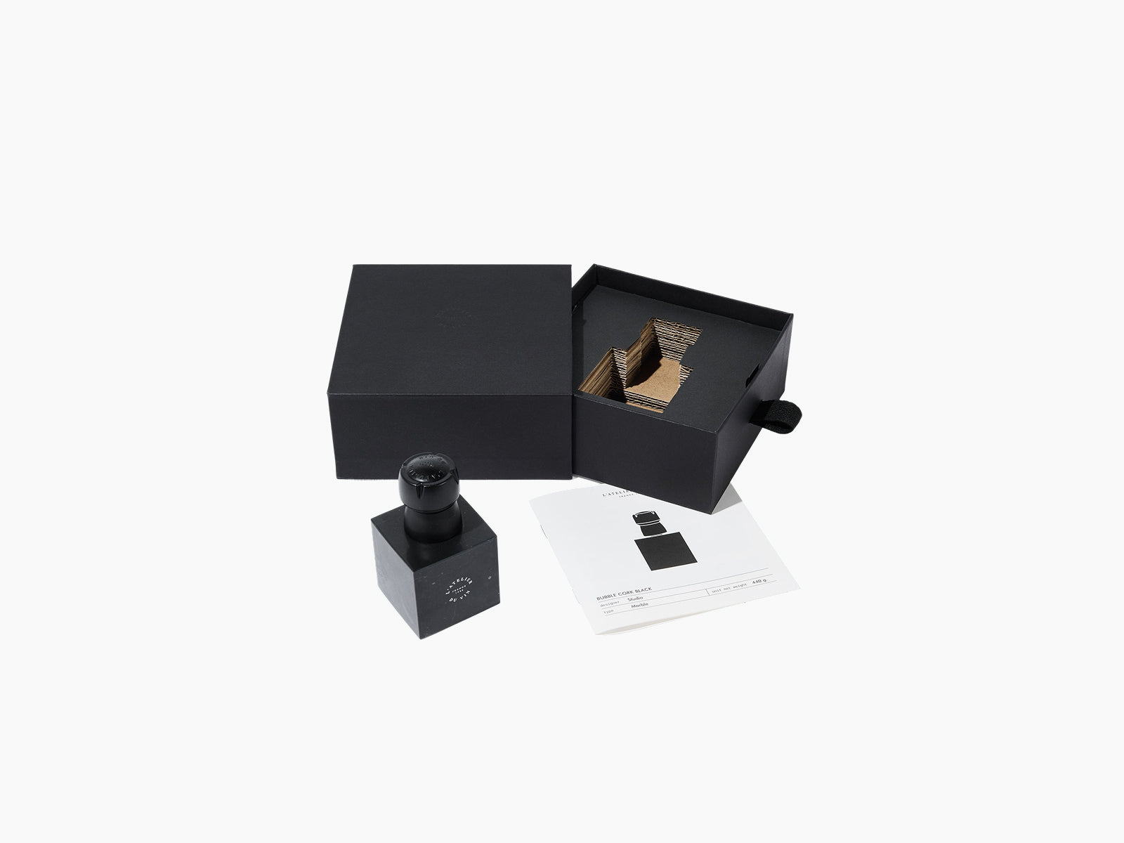 Black gift box set featuring Bubble Cork stopper and an instruction sheet
