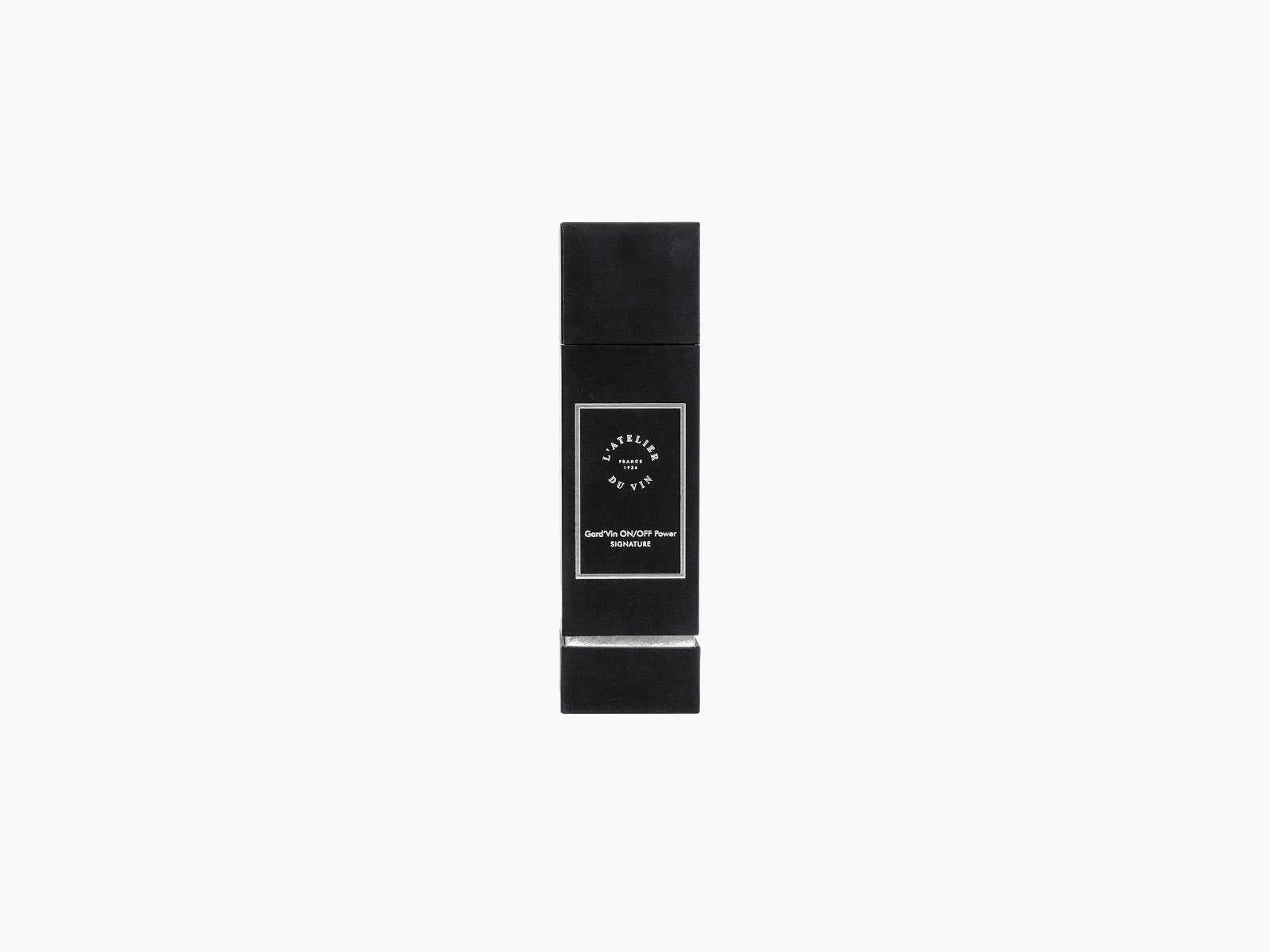 Black Gard’Vin On/Off Power Signature packaging with a silver framed label on a white background