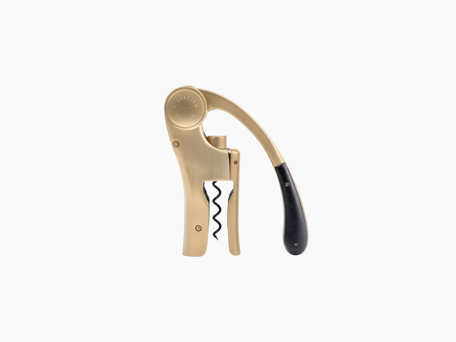 Gold Oeno Motion corkscrew integrated into a curved brass wine opener with a black handle.