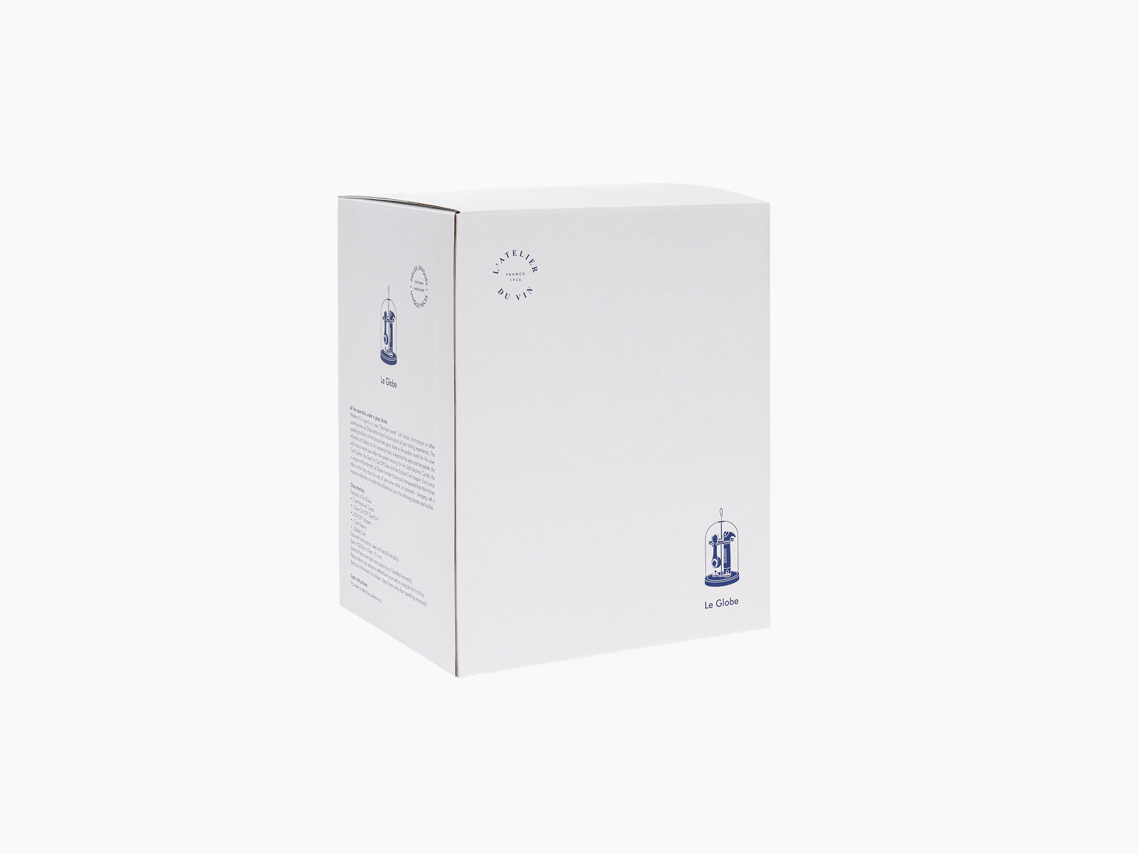 White Le Globe packaging box angled to reveal a side panel with product details and a blue logo on the front