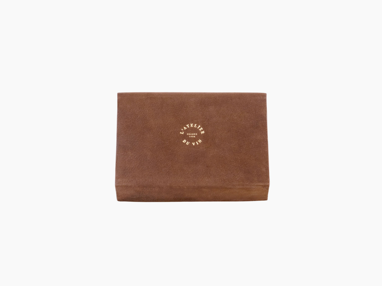 Brown leather Les Bijoux wine accessory case with a gold circular logo.
