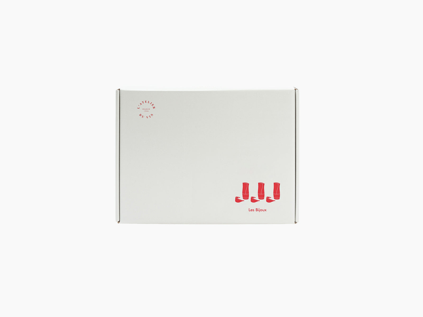 White Les Bijoux packaging box featuring a red stamp and three red icons in the bottom right.