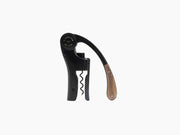Oeno Motion corkscrew in black with walnut wood handle and corkscrew spiral.