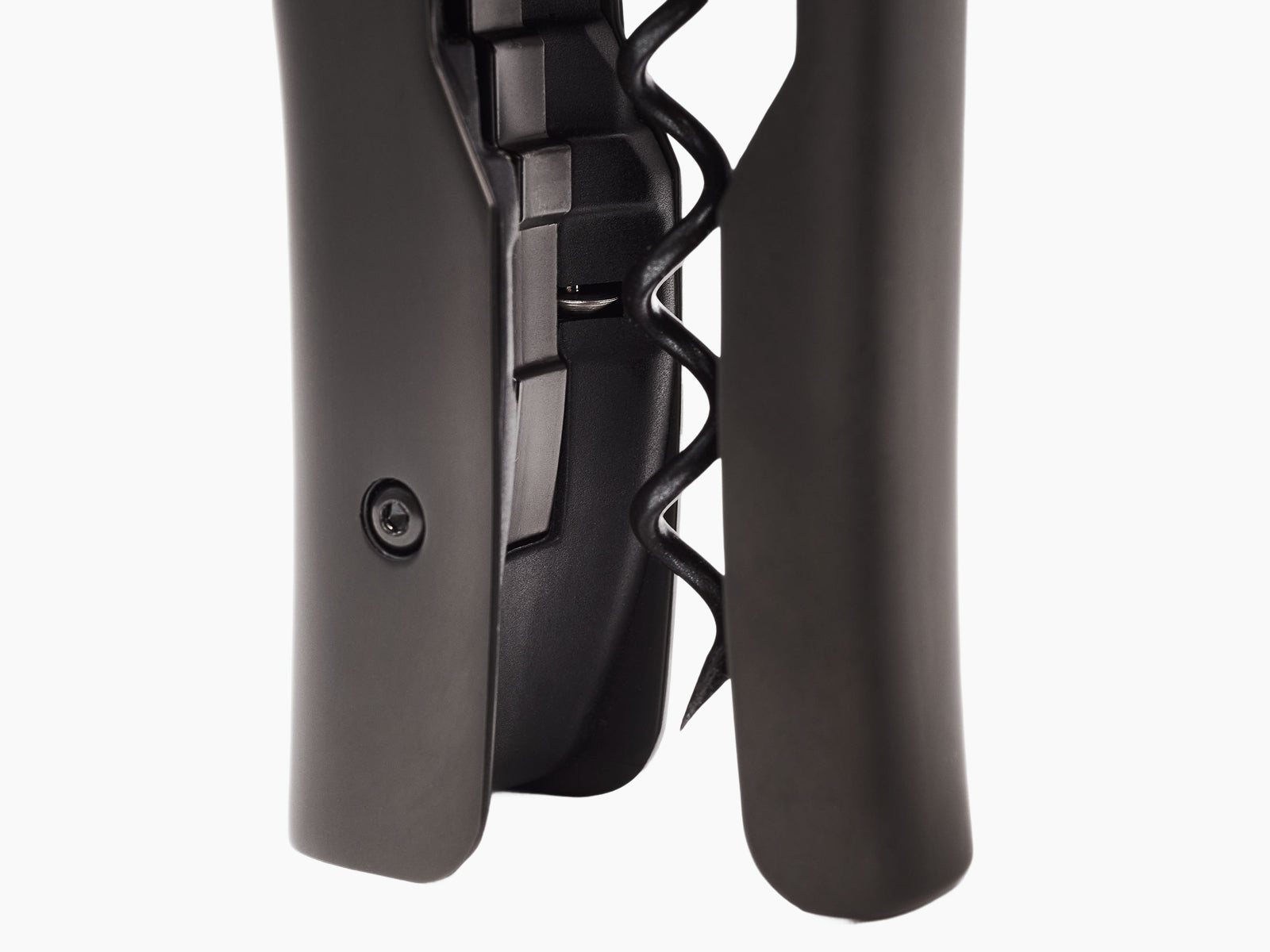 Close up of the Oeno Motion corkscrew mechanism in black housing with the spiral visible
