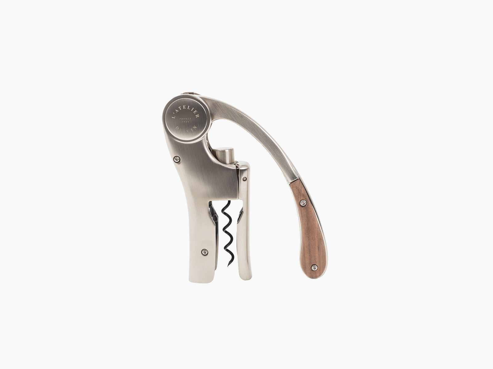 Oeno Motion Tresor lever corkscrew with wooden handle against a light background.