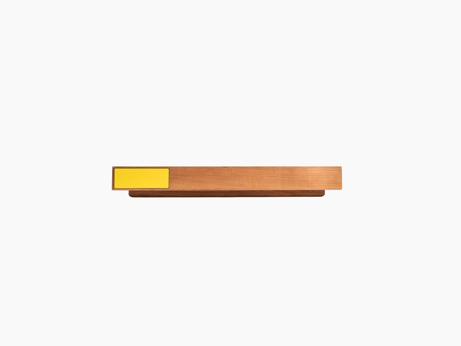 Le Plateau wooden wine service tray with a bright yellow label on its left edge