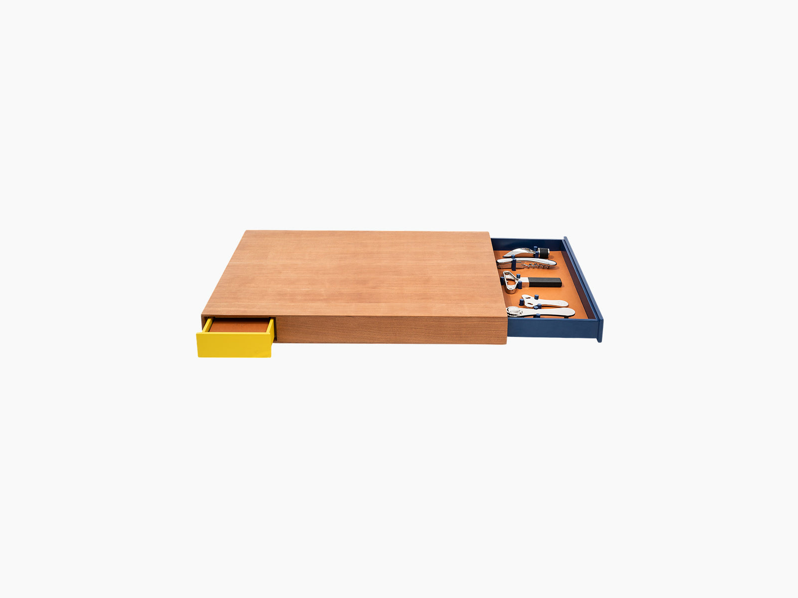Le Plateau drawer extended to reveal a full set of wine accessories arranged in an orange tray within a blue frame.
