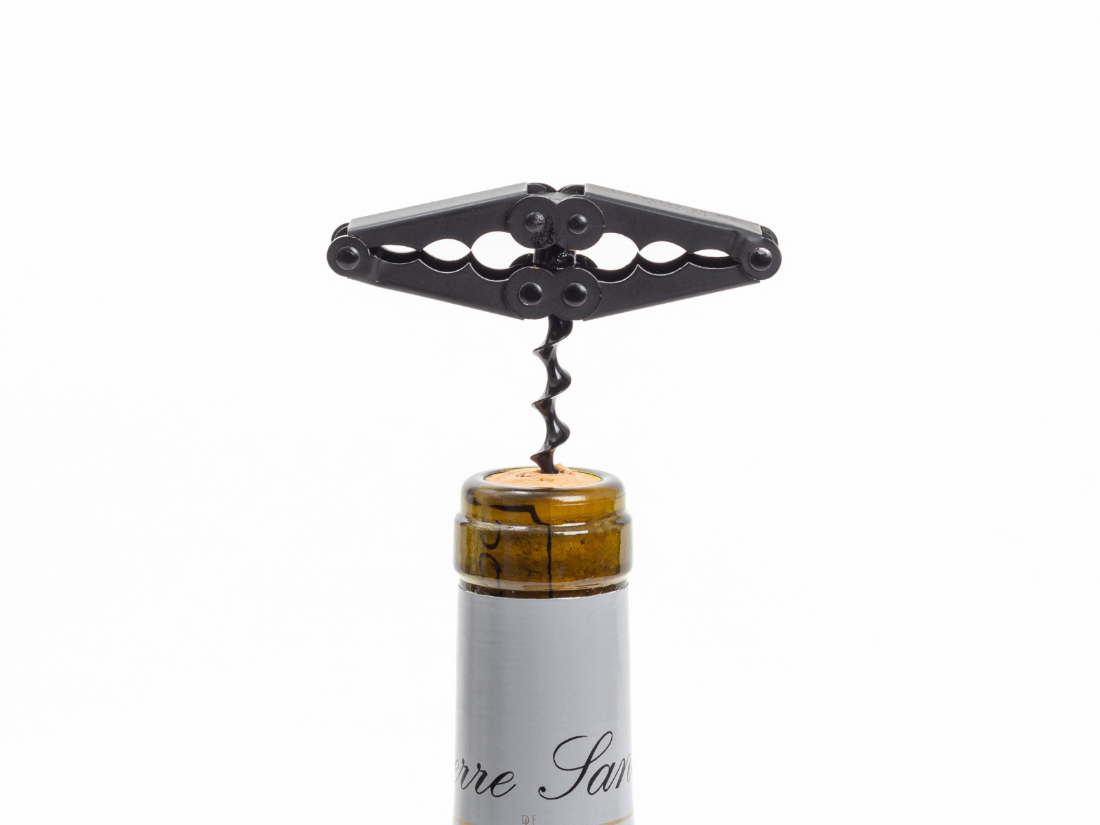 Black Pocket Collector corkscrew attached to a wine bottle with cork partially removed