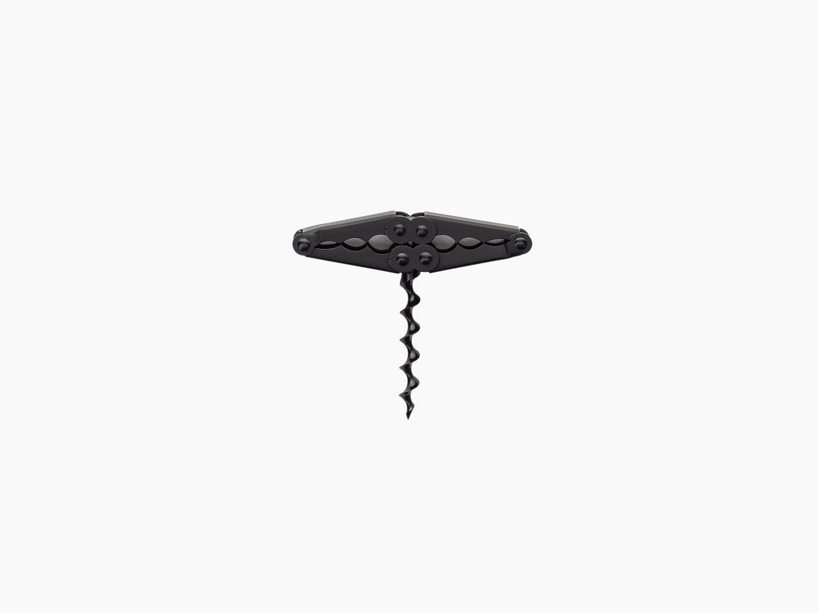 Open Pocket Collector corkscrew with folded black handles and visible spiral worm.