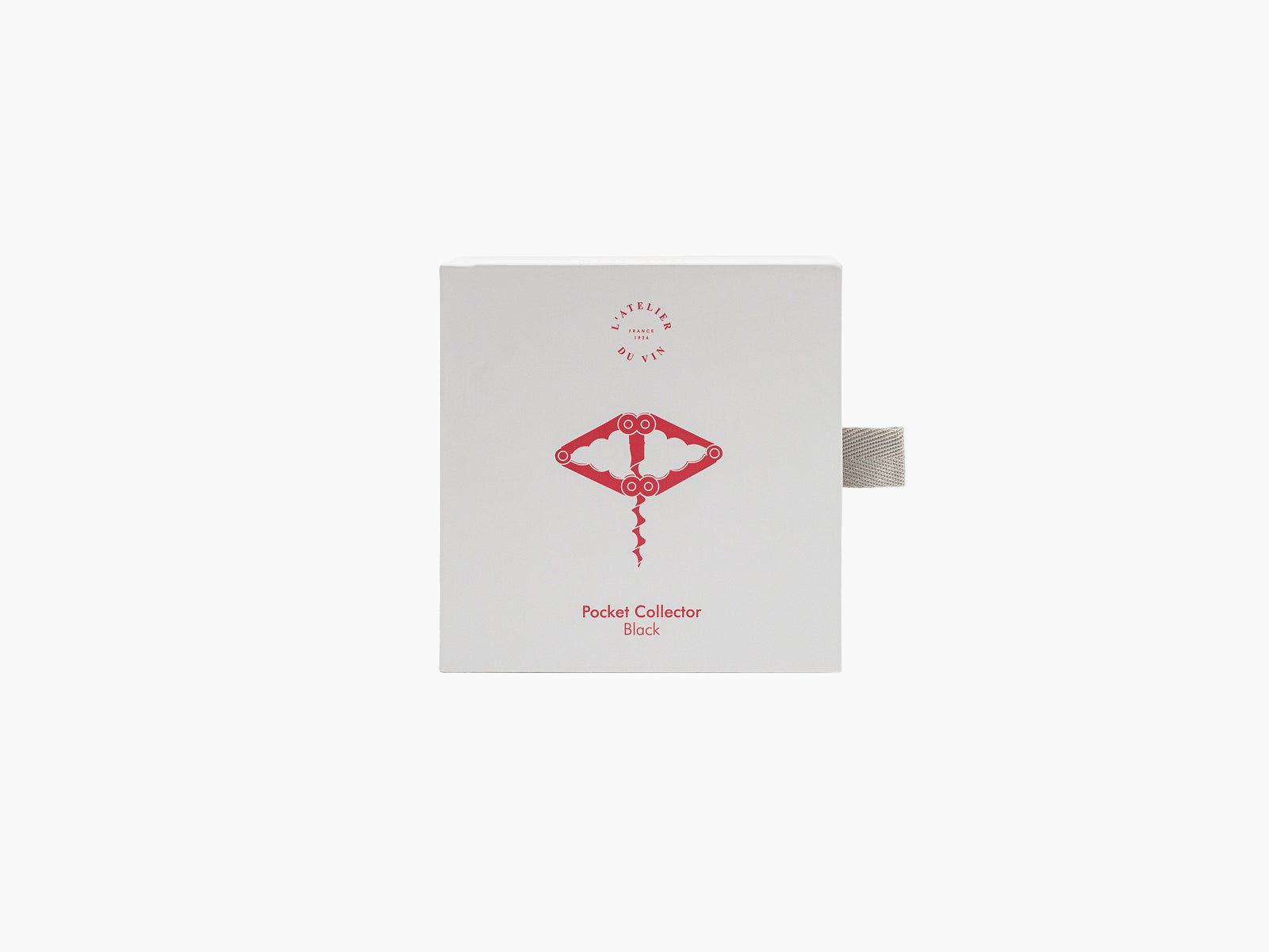 Pocket Collector Black corkscrew in its white box with red emblem and fabric pull tab