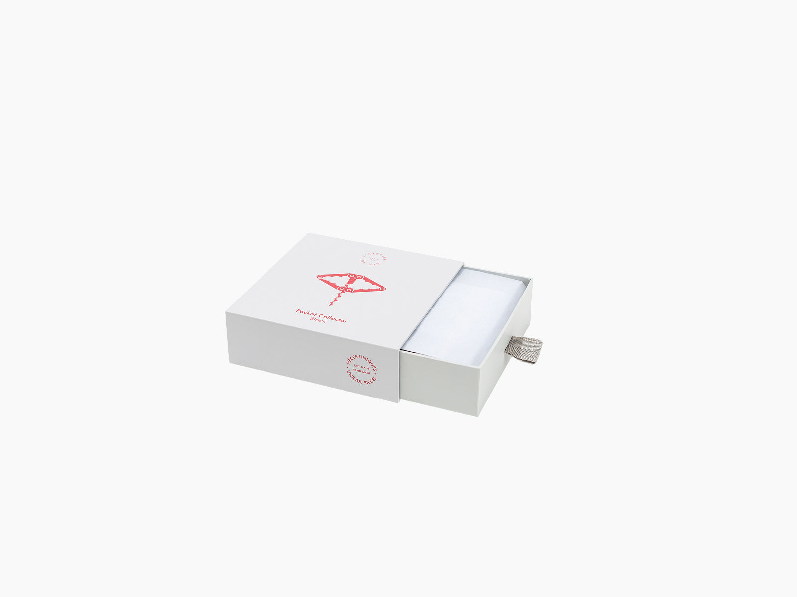 White packaging box for Pocket Collector with red logo and pull-out drawer