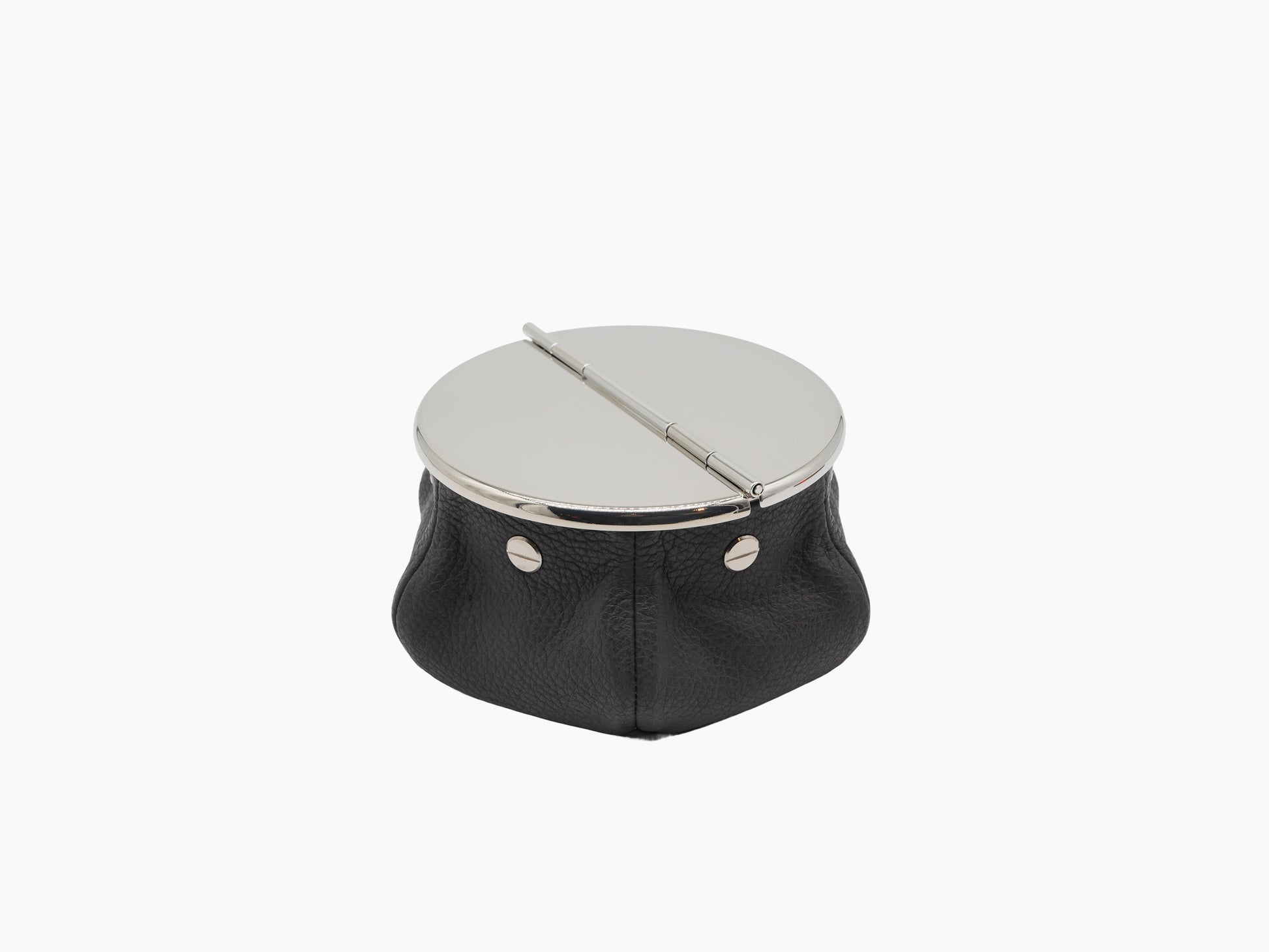 Laurence Bean Bag Ashtray with black leather base and polished chrome top.