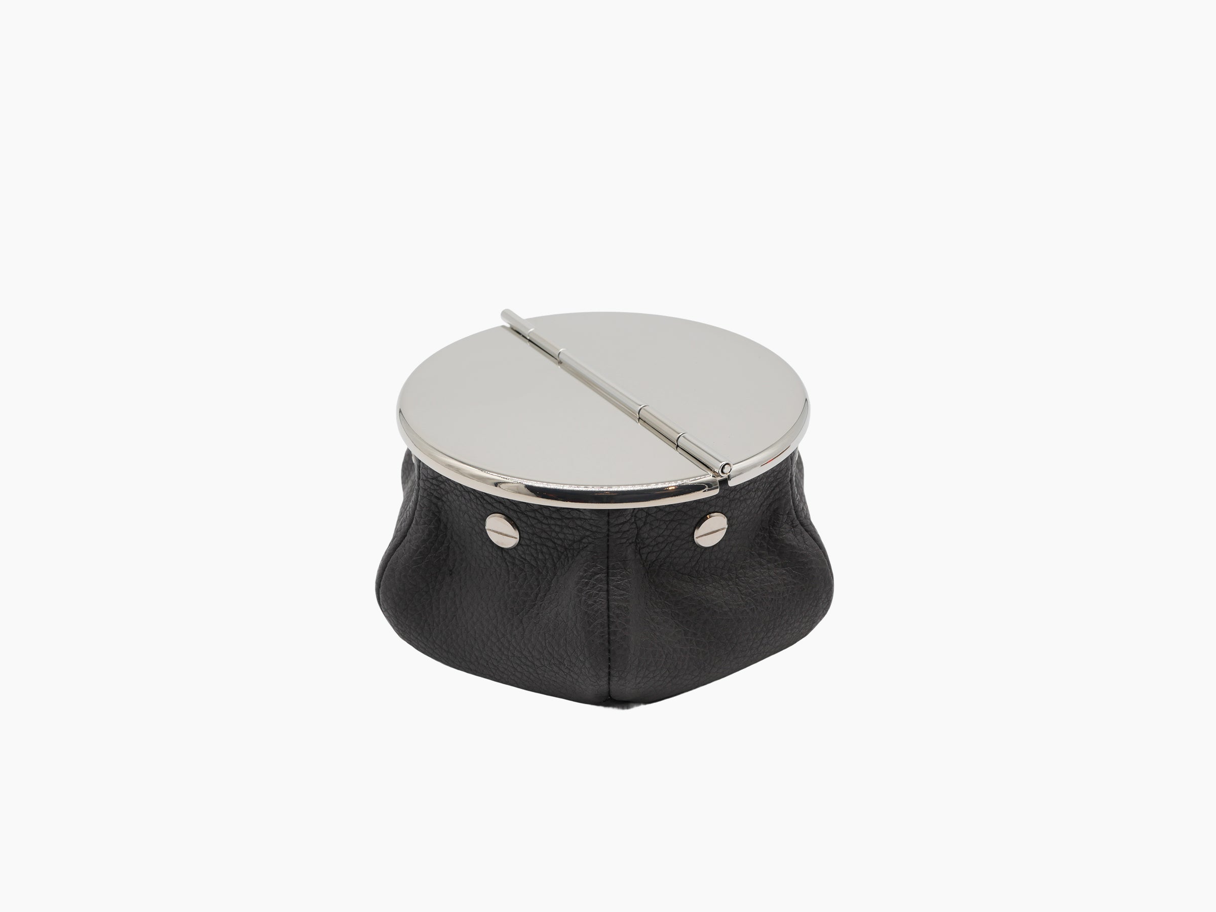 Laurence Bean Bag Ashtray with black leather base and polished chrome top.