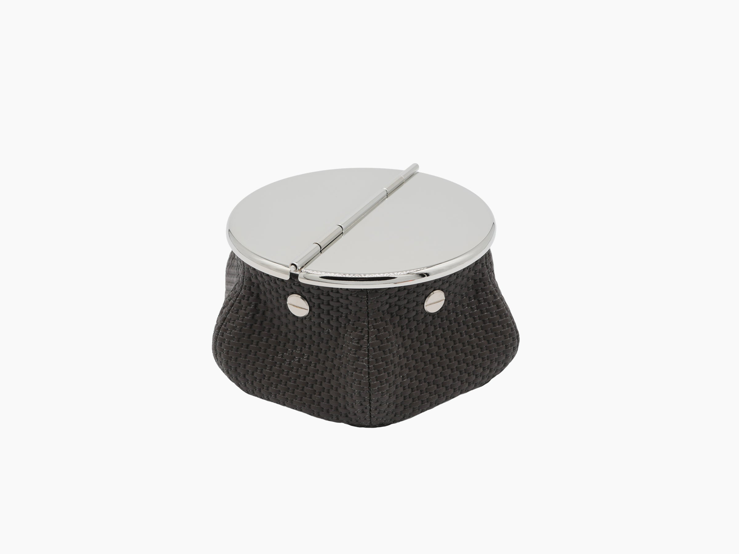 Laurence Bean Bag Ashtray with palladium finish brass lid atop a dark woven leather base with metal studs