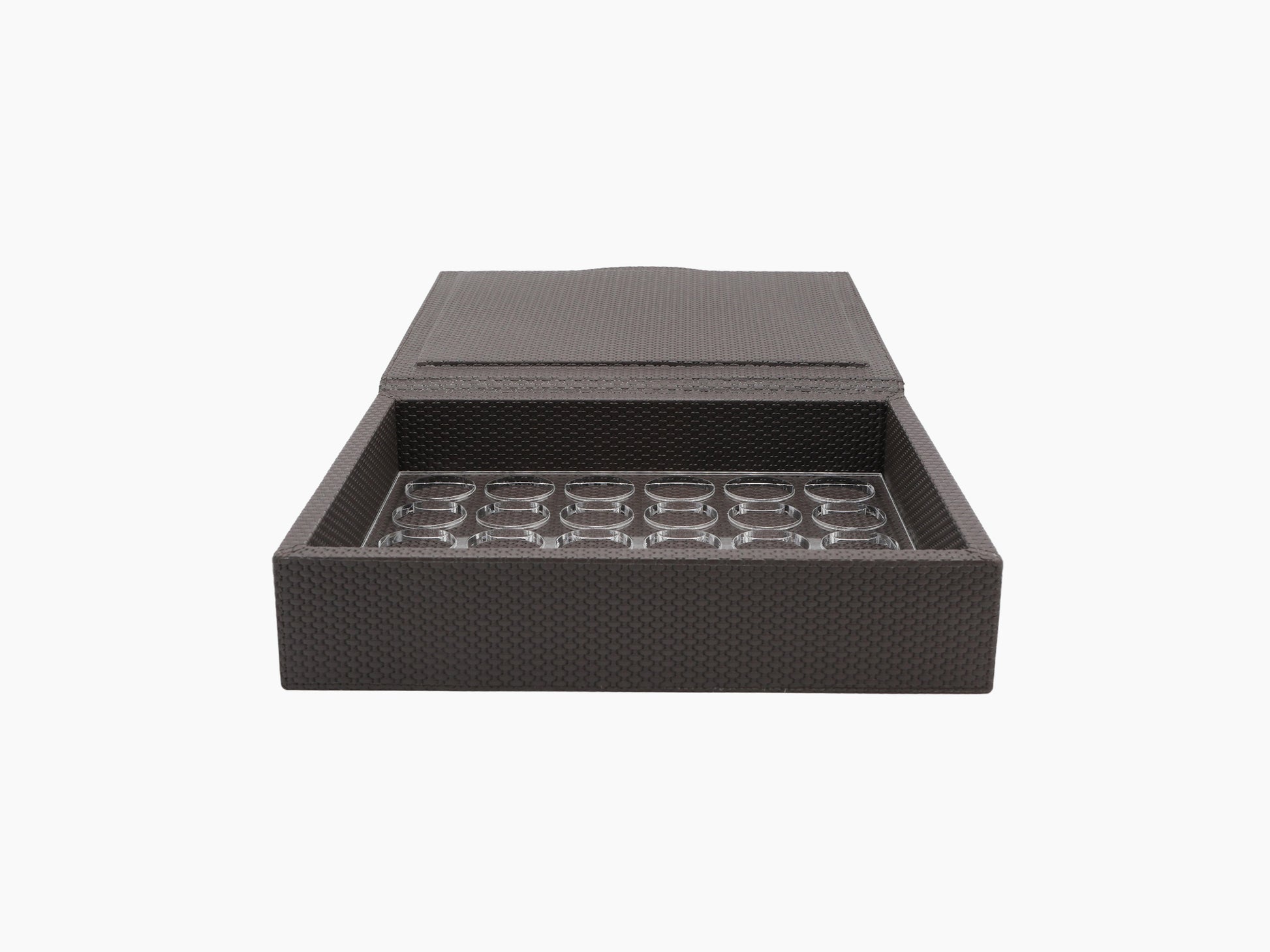 Open Luna Box for Nespresso in dark woven leather with a plexiglass panel holding 30 capsules.