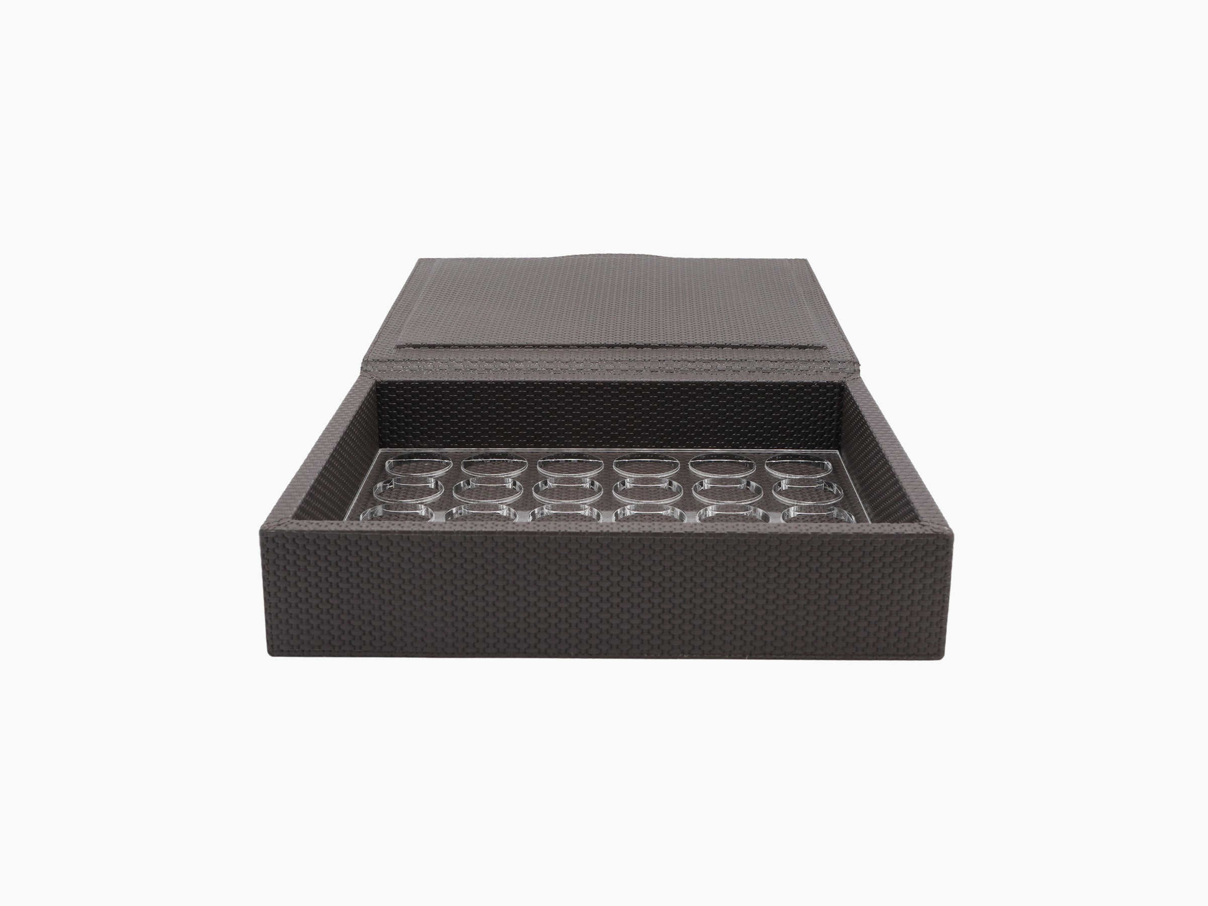 Open Luna Box for Nespresso in dark woven leather with a plexiglass panel holding 30 capsules.