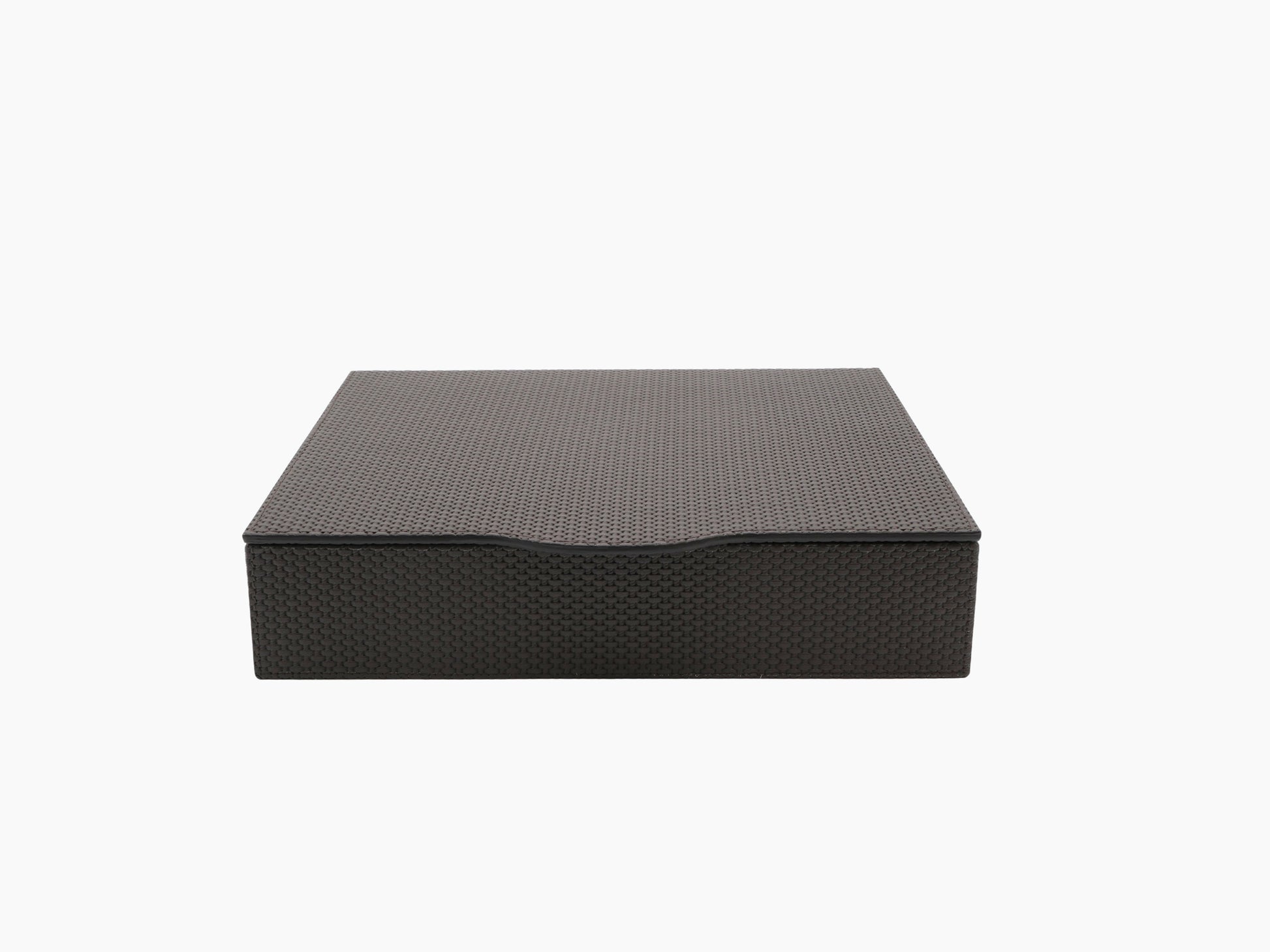 Luna Box for Nespresso closed in dark woven leather with a hinged lid.
