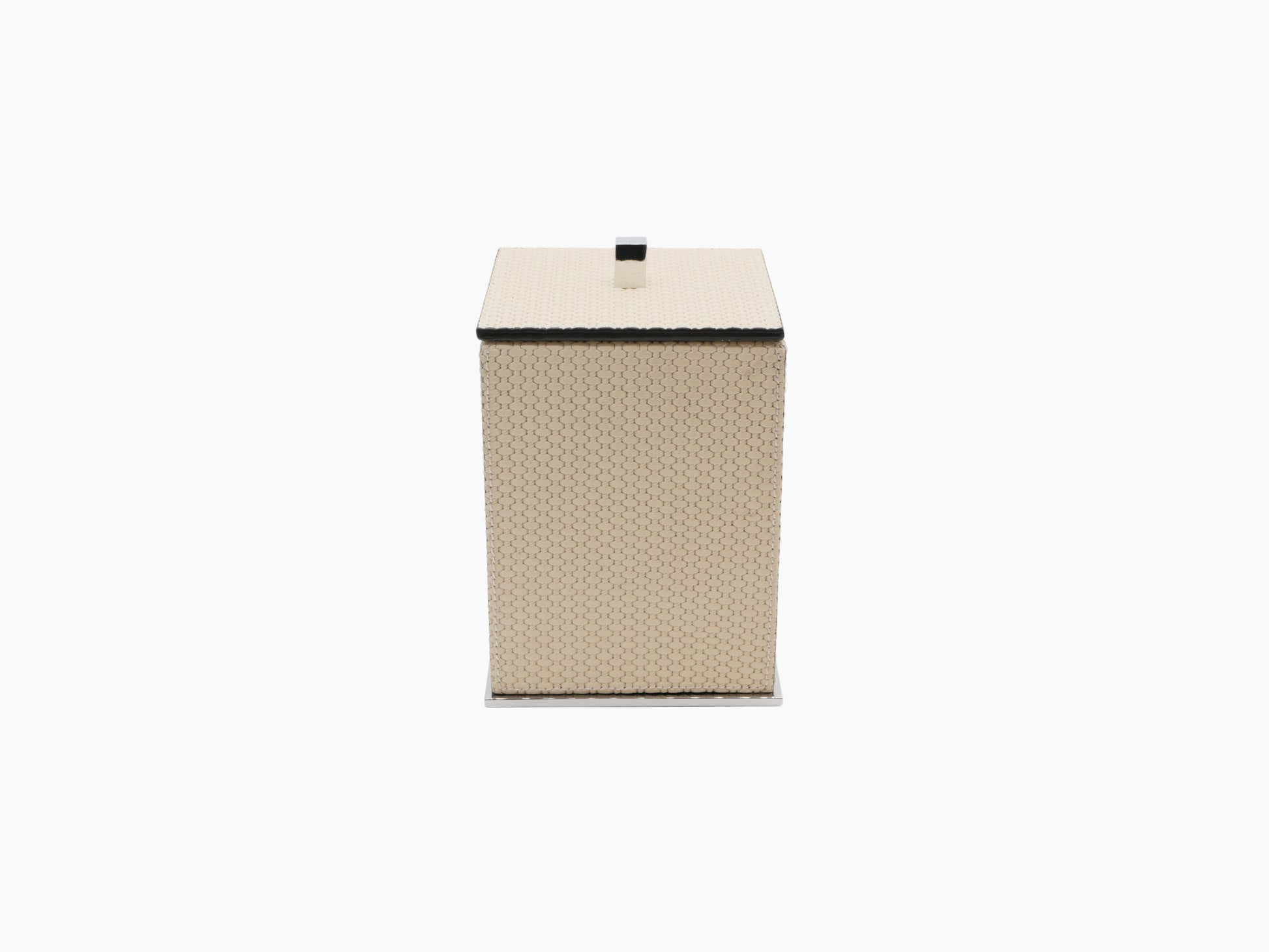 Firenze Manicure Set storage box in beige woven texture with lid.