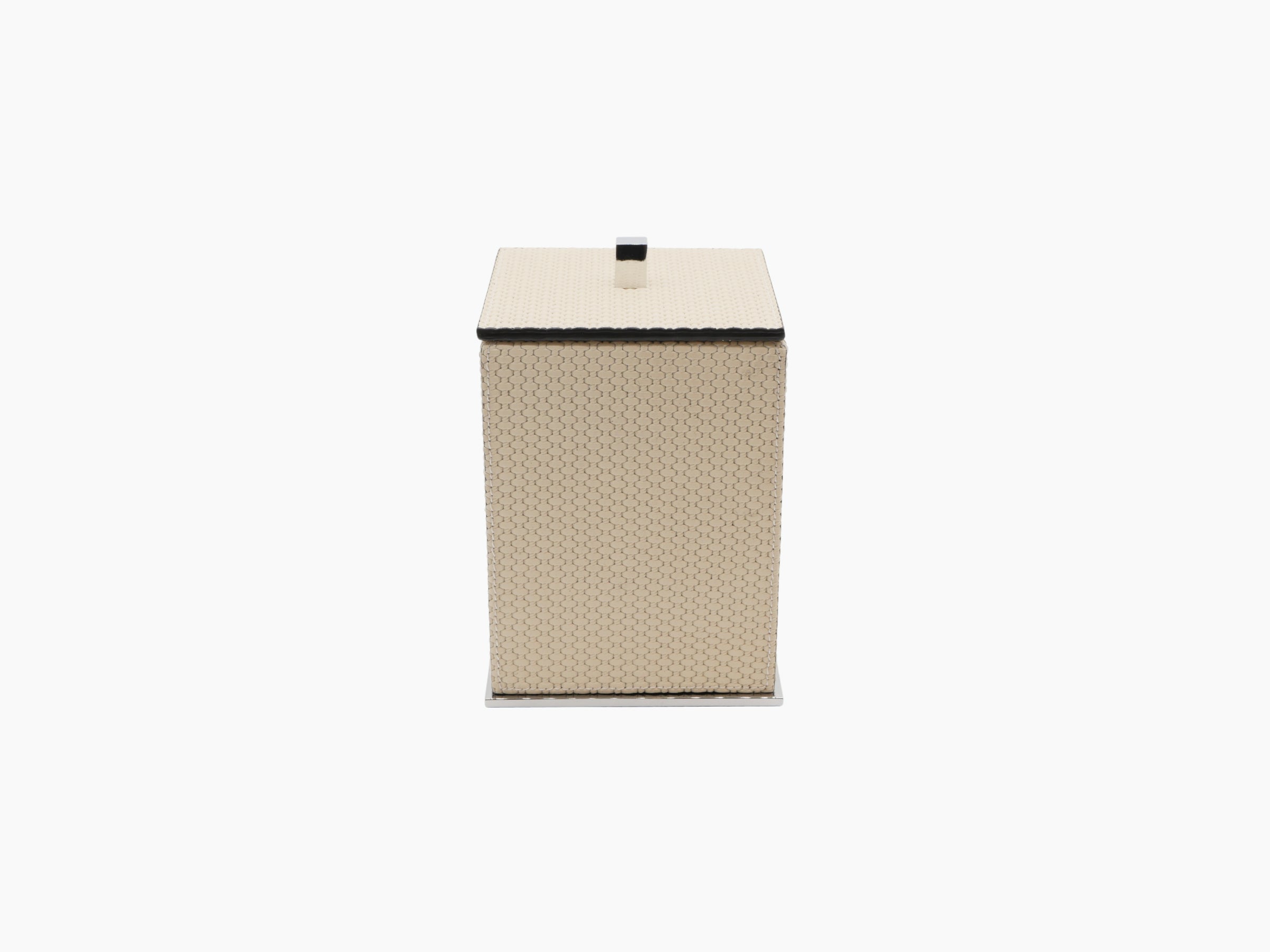 Firenze Manicure Set storage box in beige woven texture with lid.