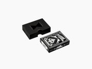 Black and white Animal Kingdom playing cards set with bold woodcut style animal illustrations and a matching box