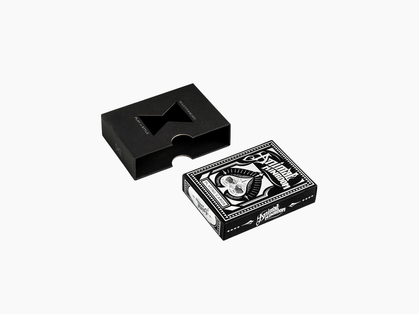 Black and white Animal Kingdom playing cards set with bold woodcut style animal illustrations and a matching box