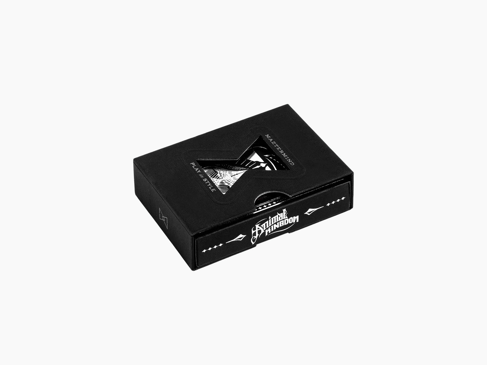 Close up of a black Animal Kingdom playing cards box with a die cut window and intricate artwork