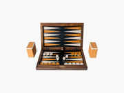 Open Premium Backgammon set in a walnut case with orange and white points and dice