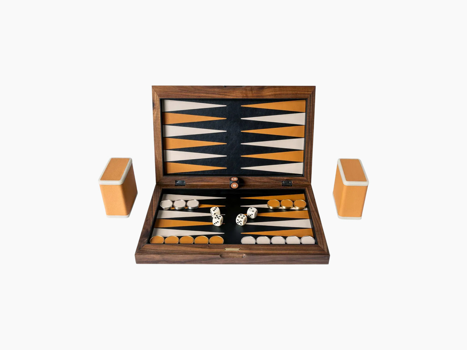 Open Premium Backgammon set in a walnut case with orange and white points and dice