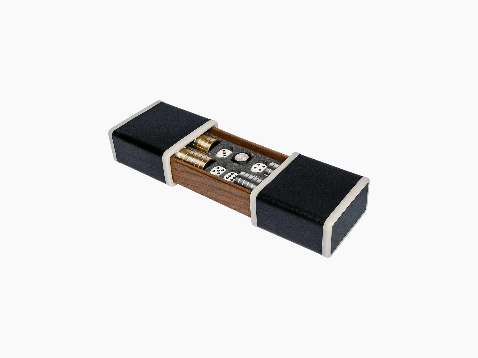 Luxurious walnut backgammon set with black leather exterior and cream edging opened to reveal dice and playing pieces