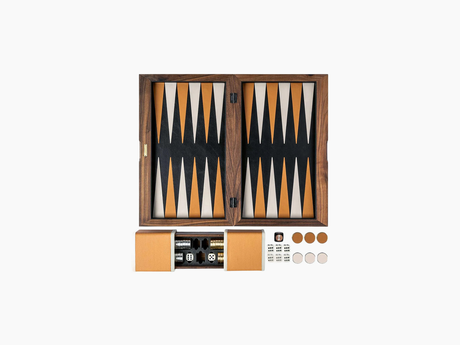 Open premium backgammon set in walnut wood with orange and black points, dice and leather accessories laid out
