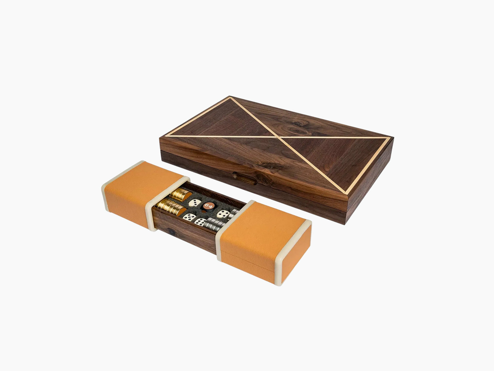 Dark walnut backgammon box with geometric inlay and a separate orange leather rolling tray containing dice and pieces.