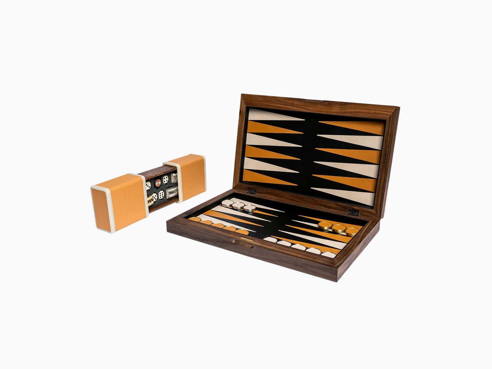 Open walnut backgammon set with orange leather panels and a matching orange dice shaker beside the case.