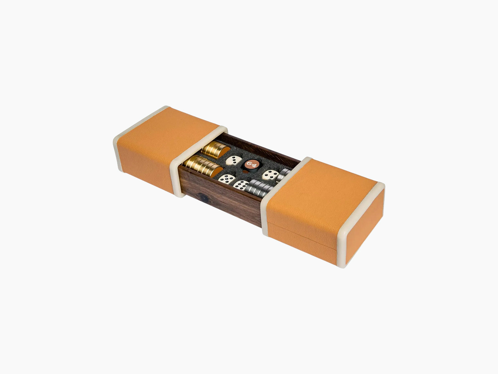 Premium backgammon set with orange leather end caps and walnut interior showcasing dice and playing pieces