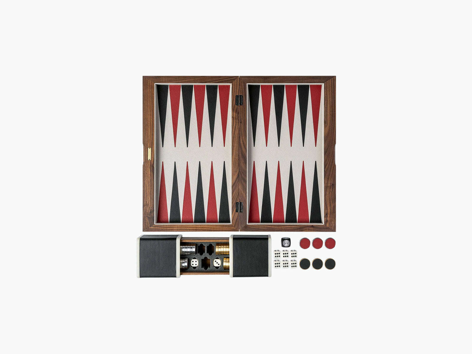 Top view of a walnut backgammon case open to reveal bold red black cream triangles and game pieces laid out.