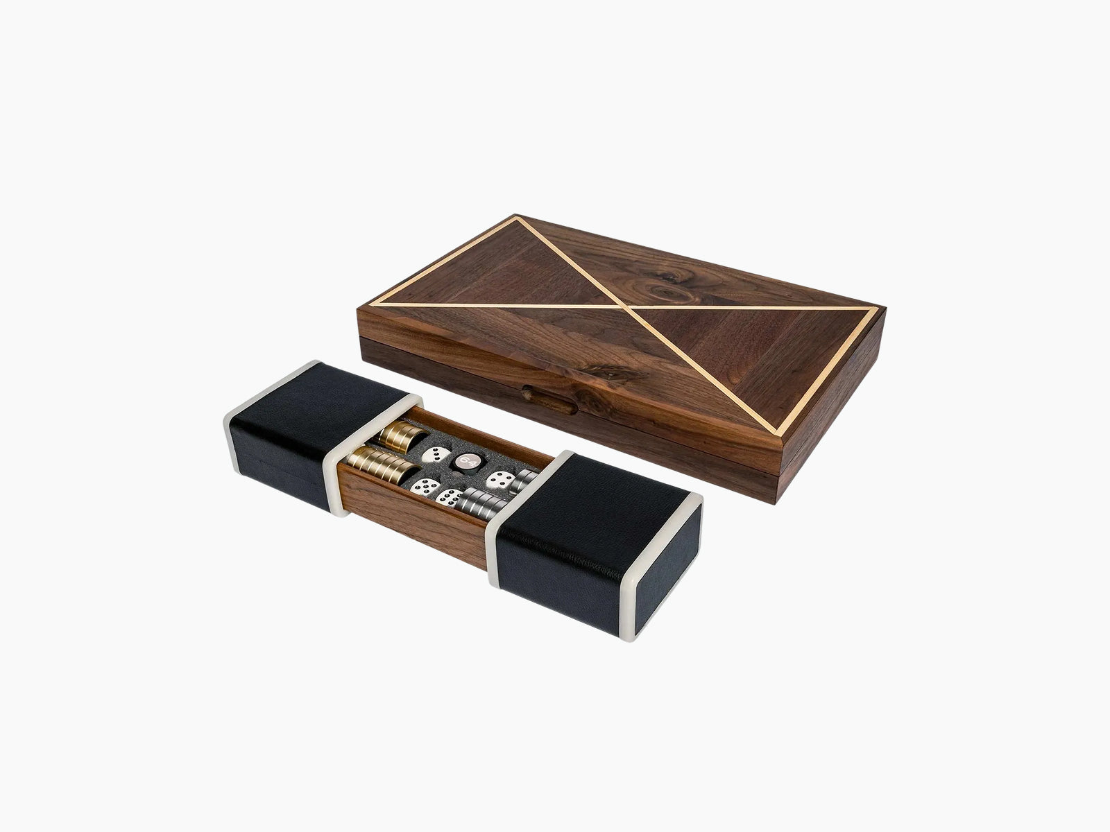 Dark walnut backgammon box with light inlay forming a geometric triangle pattern on the lid
