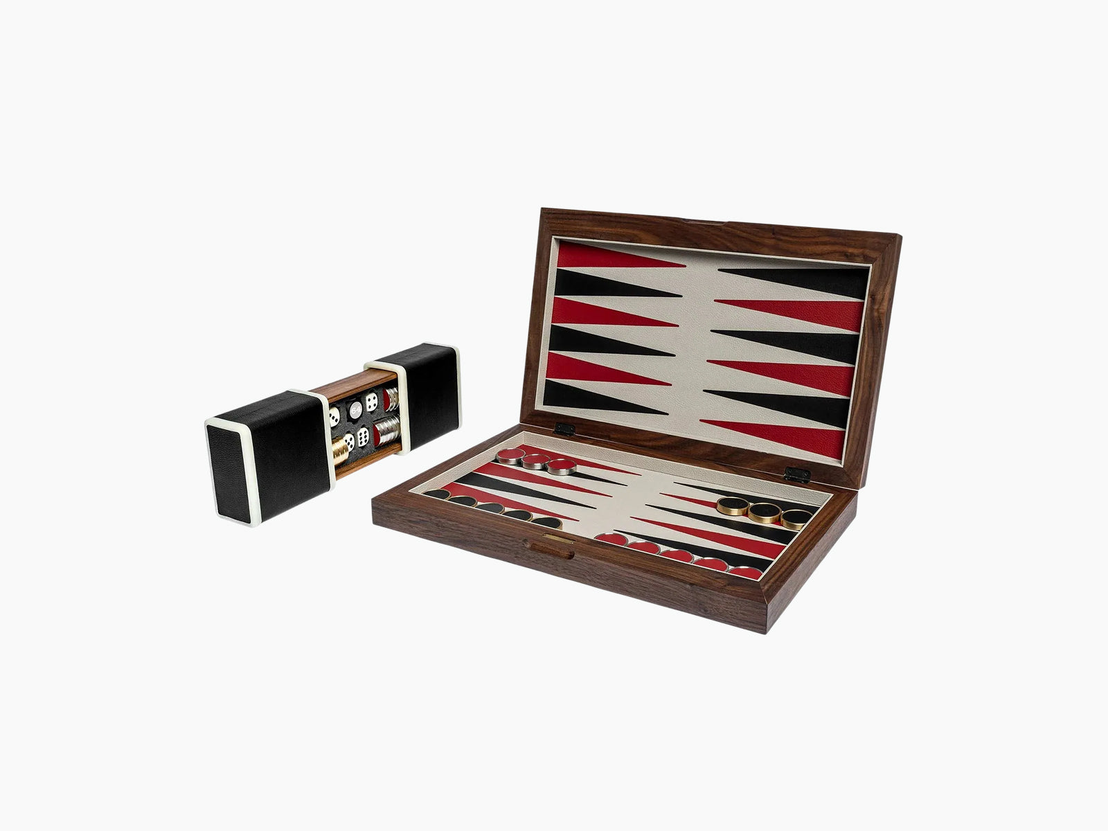 Premium Backgammon set in walnut wood with microfiber leather, open board displaying red and black points beside a travel case.
