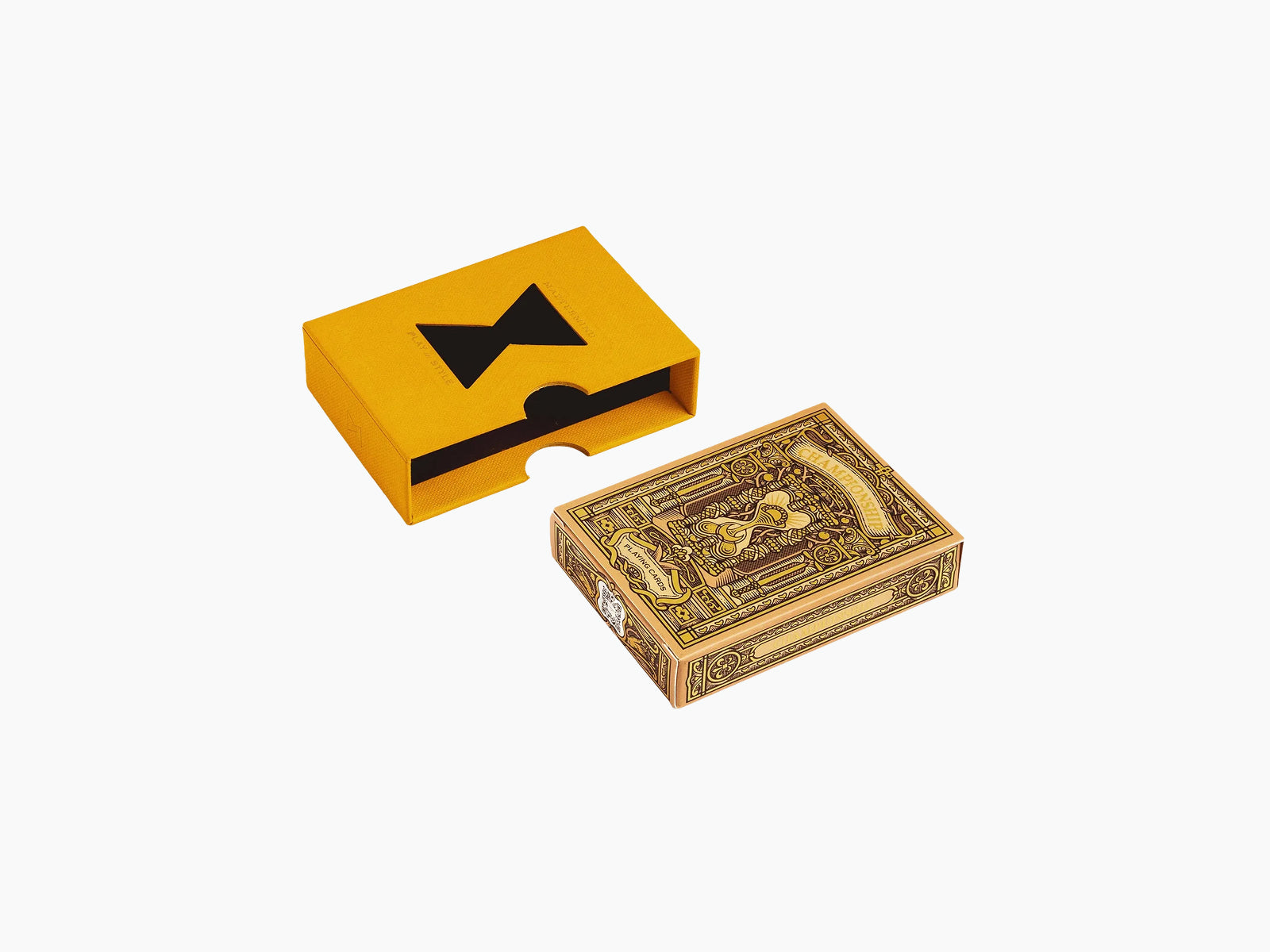 Championship playing cards set with a yellow box and an ornate vintage style card beside it.