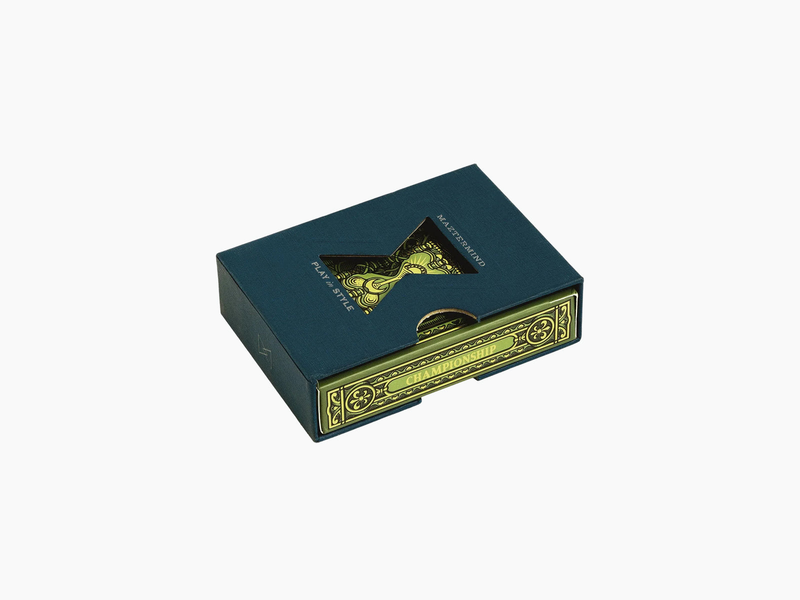 Blue Championship box with ornate gold trim and a sliding drawer labeled CHAMPIONSHIP.