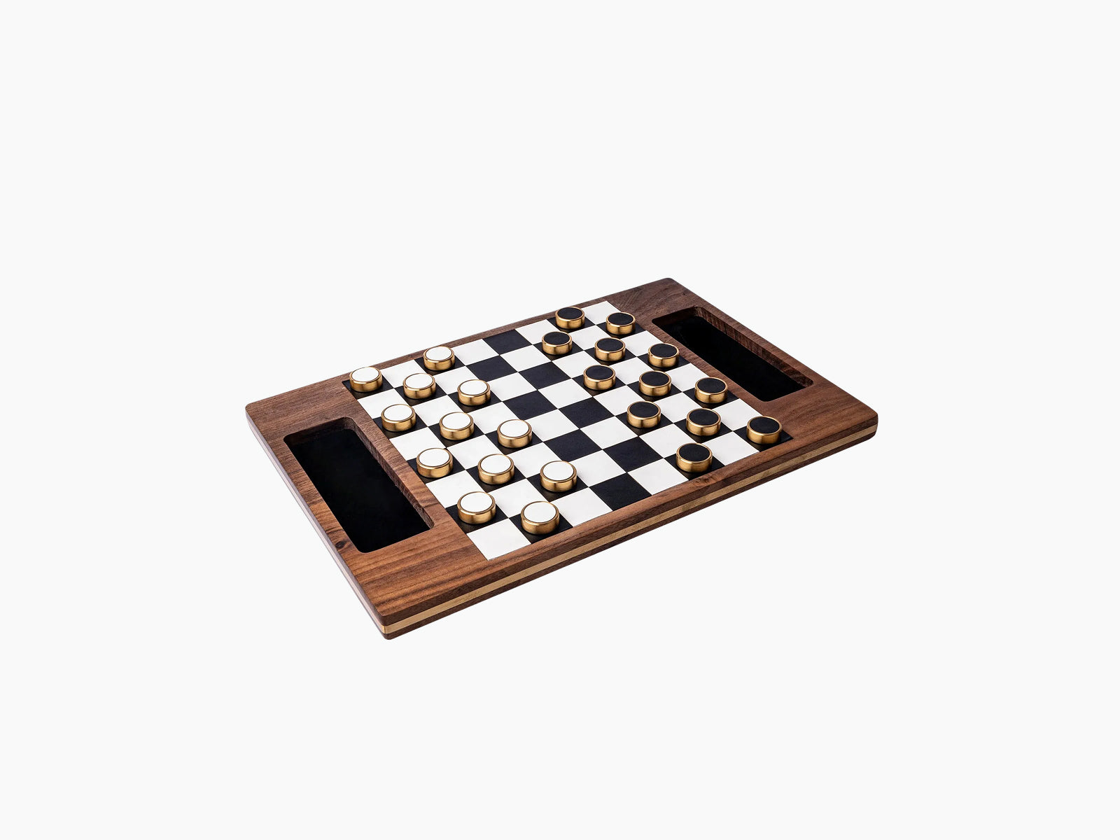 Deluxe magnetic wooden checker set with a walnut board and two recessed storage slots for pieces